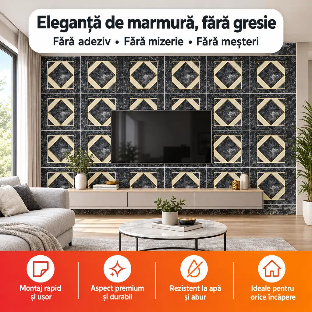 Plăci PVC autoadezive imitație marmură PH004 în living – Eleganță de marmură, fără gresie