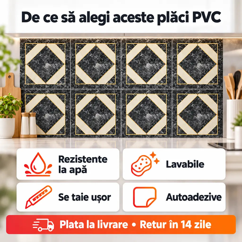 Avantaje plăci PVC: rezistente la apă, lavabile, se taie ușor, autoadezive