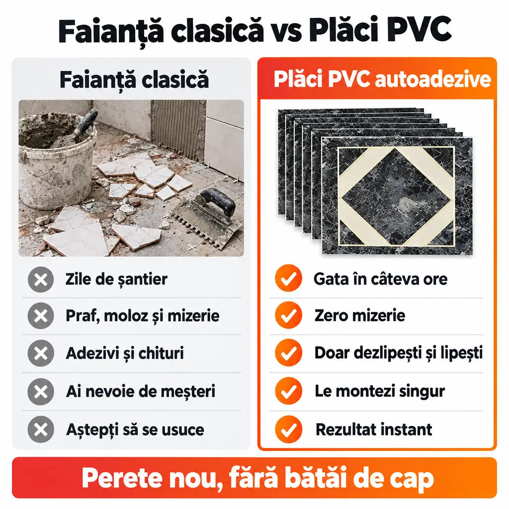 Faianță clasică vs plăci PVC autoadezive