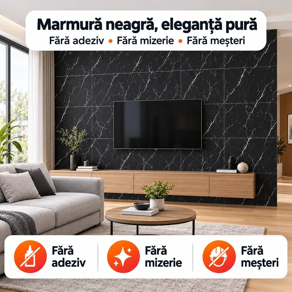 Plăci PVC autoadezive imitație marmură 250-13 în living – Marmură neagră, eleganță pură