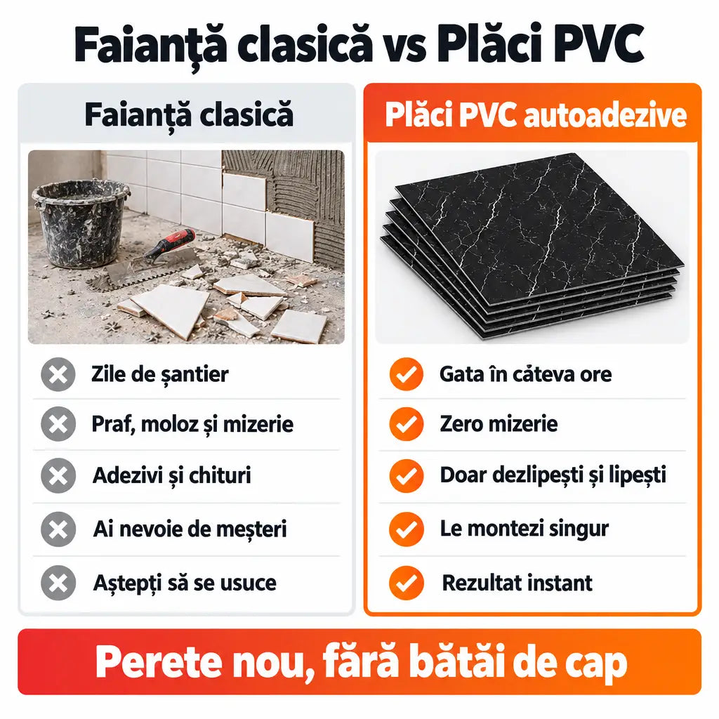 Faianță clasică vs plăci PVC autoadezive