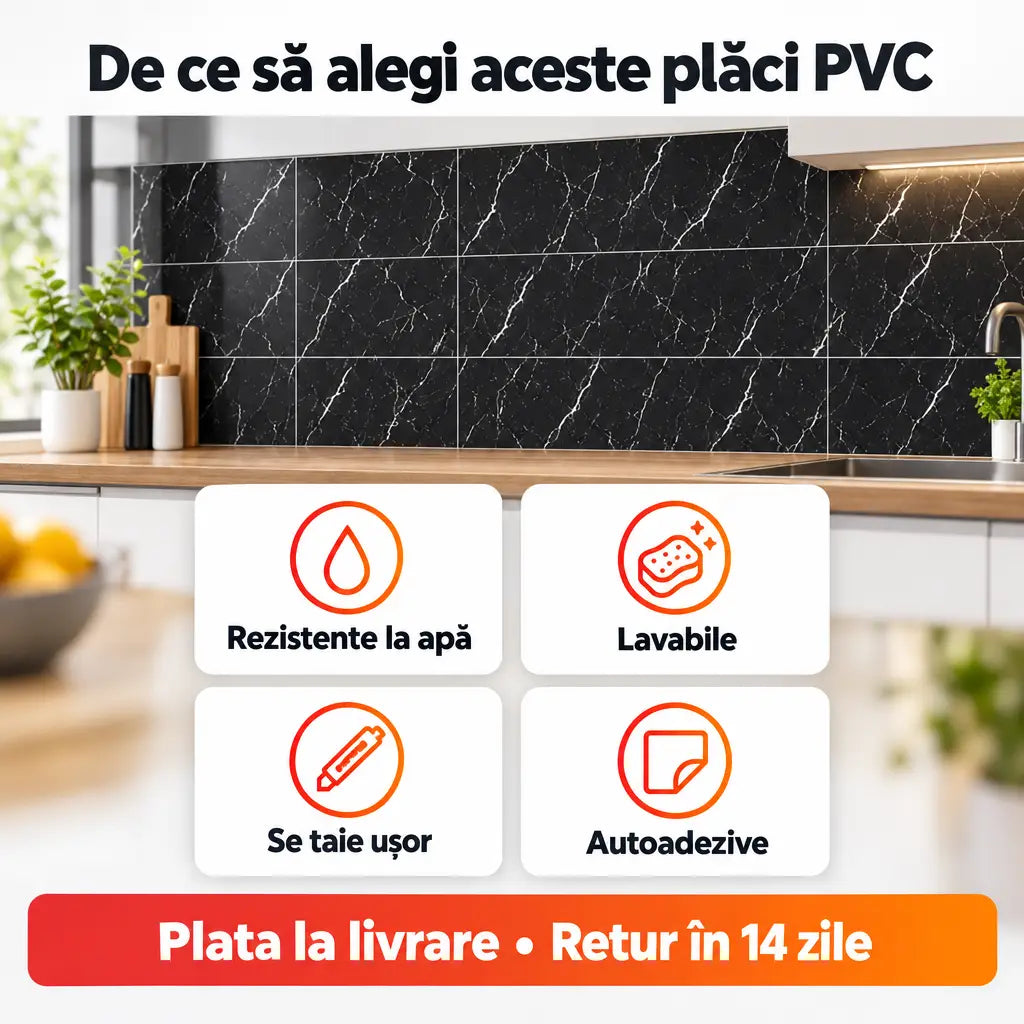 Avantaje plăci PVC: rezistente la apă, lavabile, se taie ușor, autoadezive
