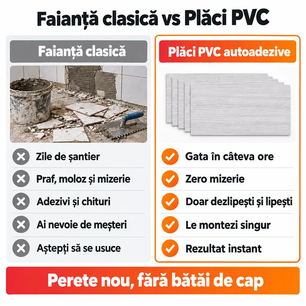 Faianță clasică vs plăci PVC autoadezive