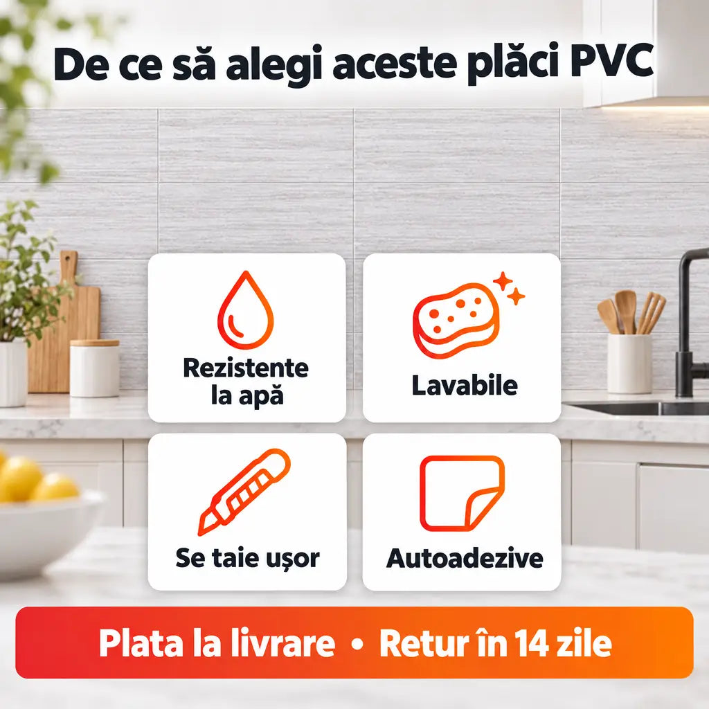 Avantaje plăci PVC: rezistente la apă, lavabile, se taie ușor, autoadezive