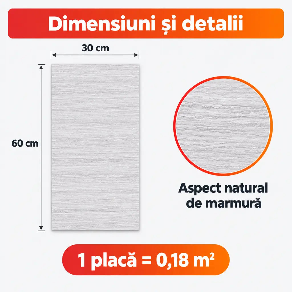 Dimensiuni placă PVC PM001: 30x60 cm, 0,18 m²
