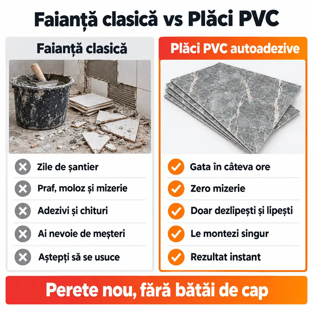 Faianță clasică vs plăci PVC autoadezive