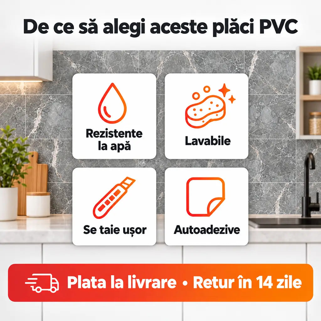 Avantaje plăci PVC: rezistente la apă, lavabile, se taie ușor, autoadezive