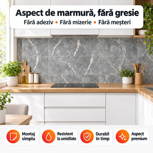 Plăci PVC autoadezive imitație marmură 250-5 în bucătărie – Aspect de marmură, fără gresie