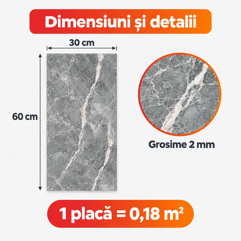 Dimensiuni placă PVC 250-5: 30x60 cm, grosime 2 mm, 0,18 m²