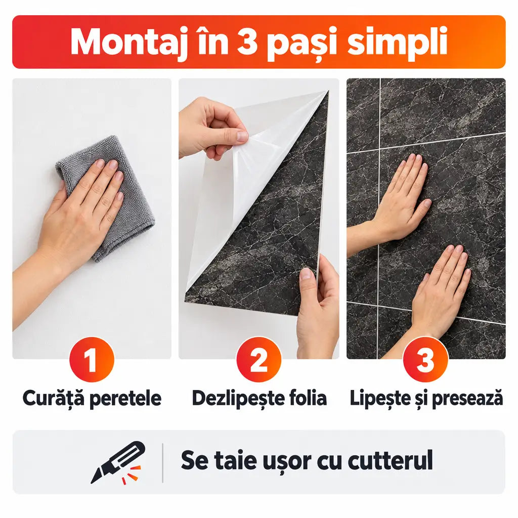 Montaj plăci PVC autoadezive în 3 pași simpli