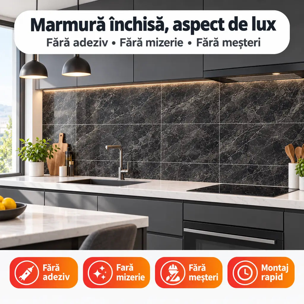 Plăci PVC autoadezive imitație marmură MN01 în bucătărie – Marmură închisă, aspect de lux