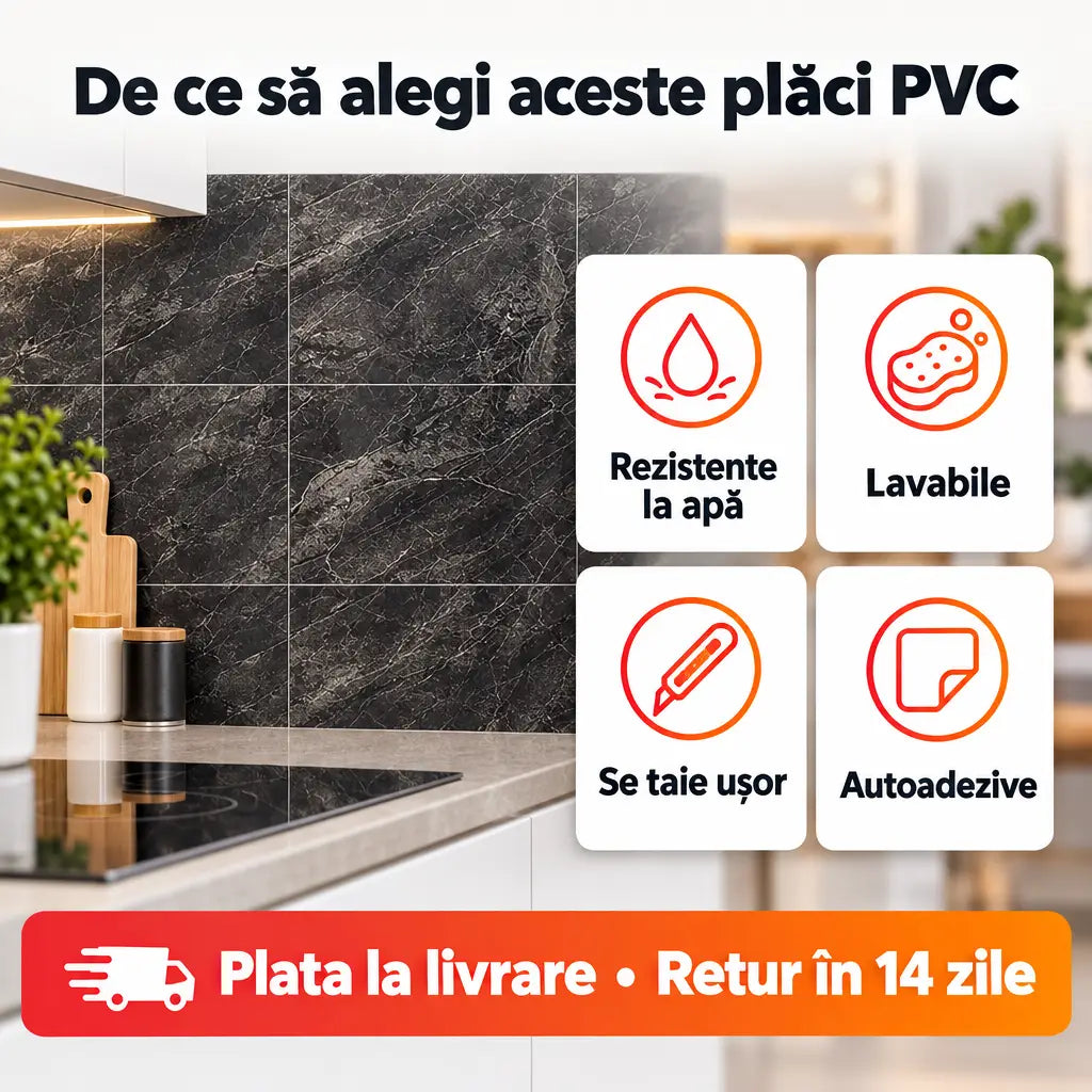 Avantaje plăci PVC: rezistente la apă, lavabile, se taie ușor, autoadezive