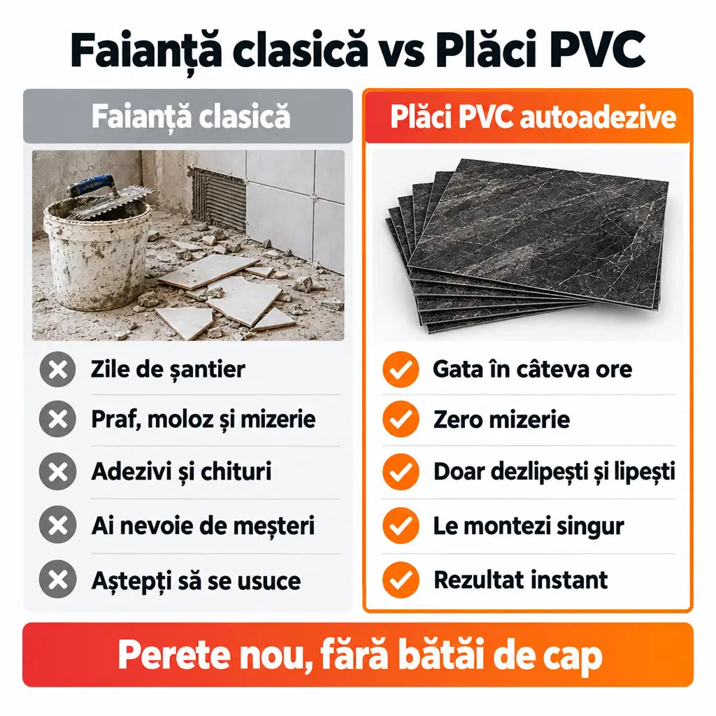 Faianță clasică vs plăci PVC autoadezive