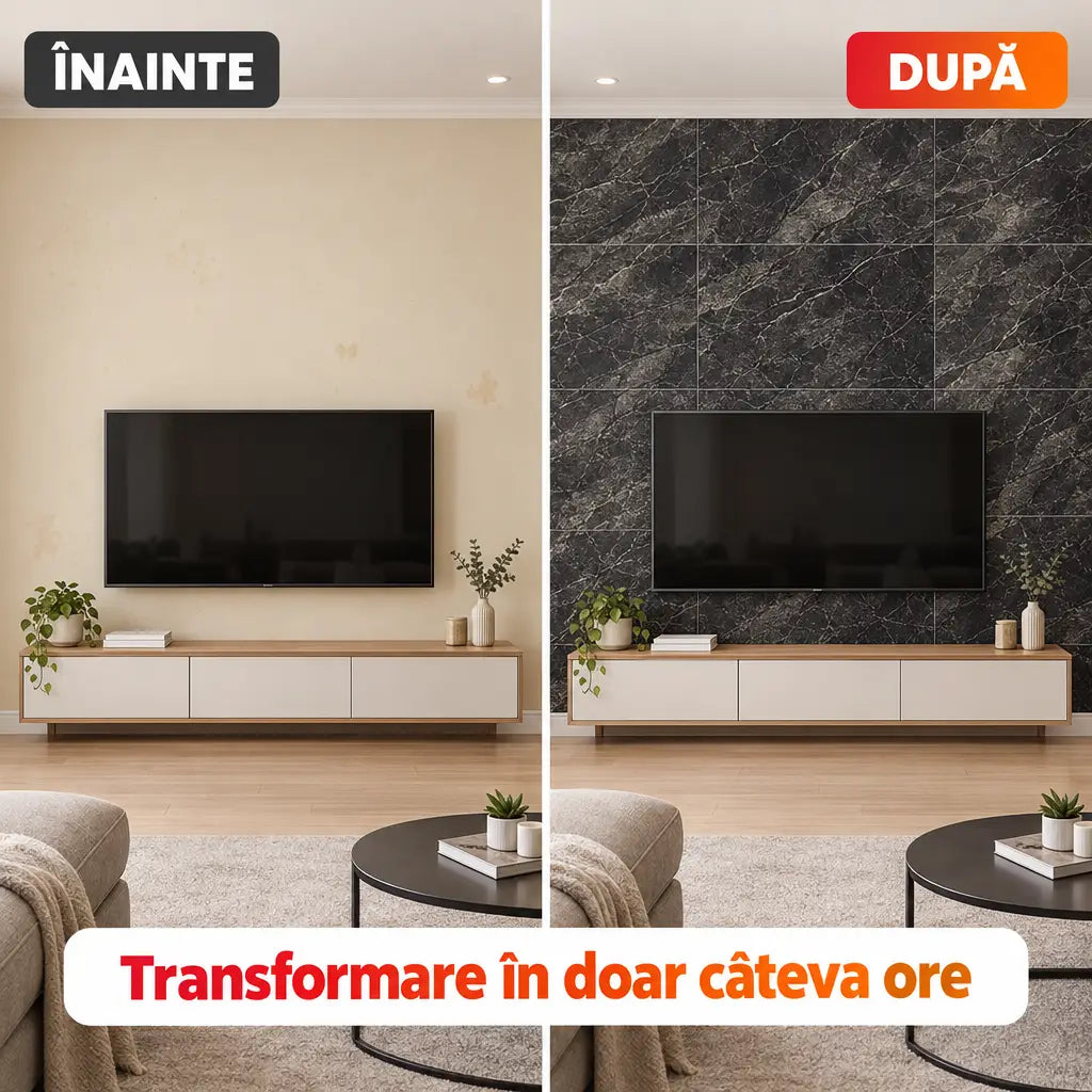 Înainte și după montajul plăcilor PVC imitație marmură MN01
