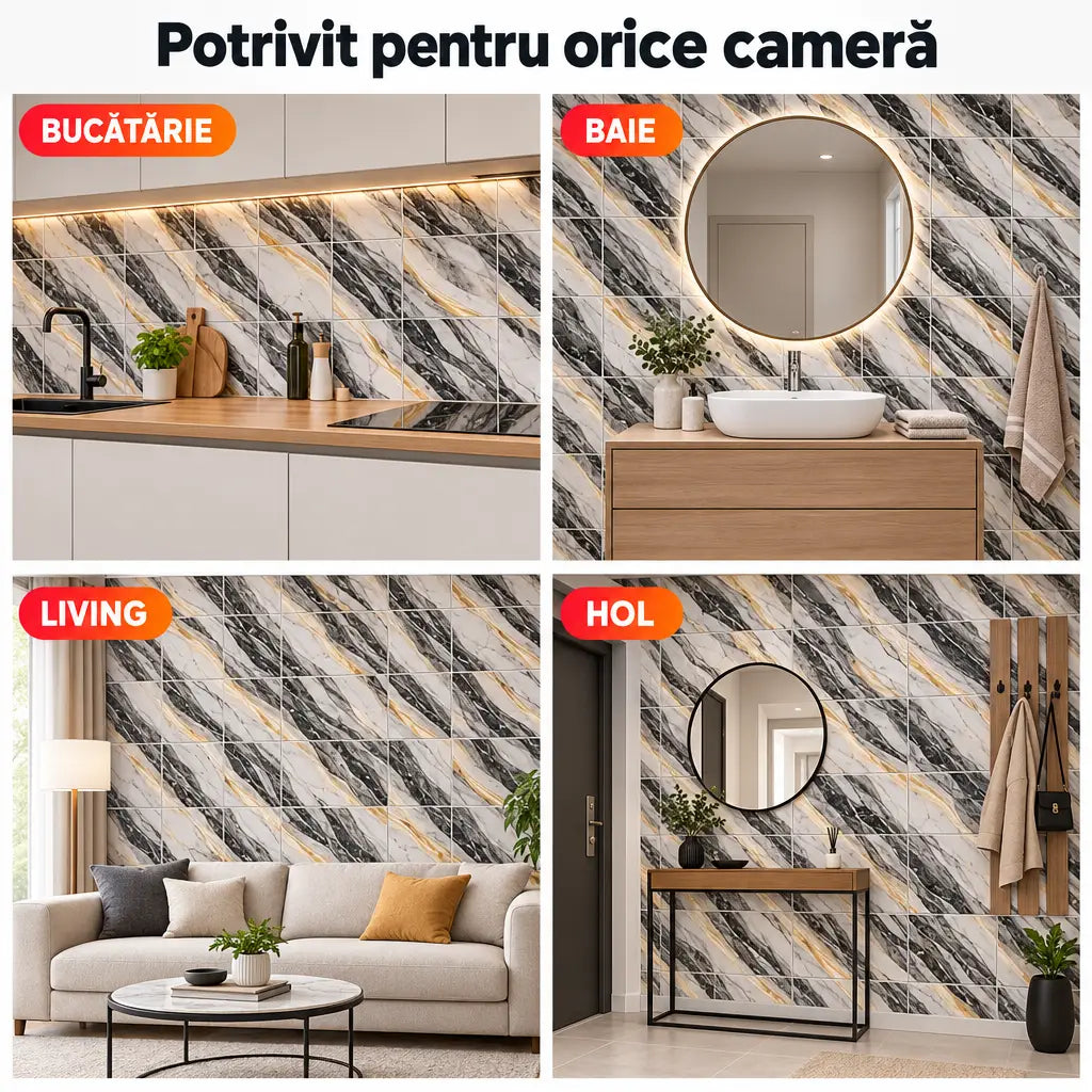 Plăci PVC imitație marmură potrivite pentru bucătărie, baie, living și hol
