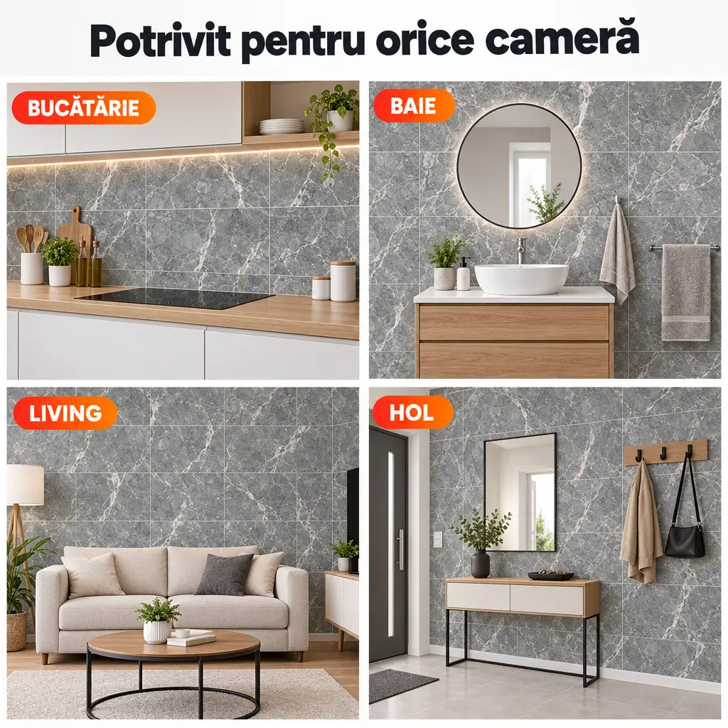 Plăci PVC imitație marmură potrivite pentru bucătărie, baie, living și hol