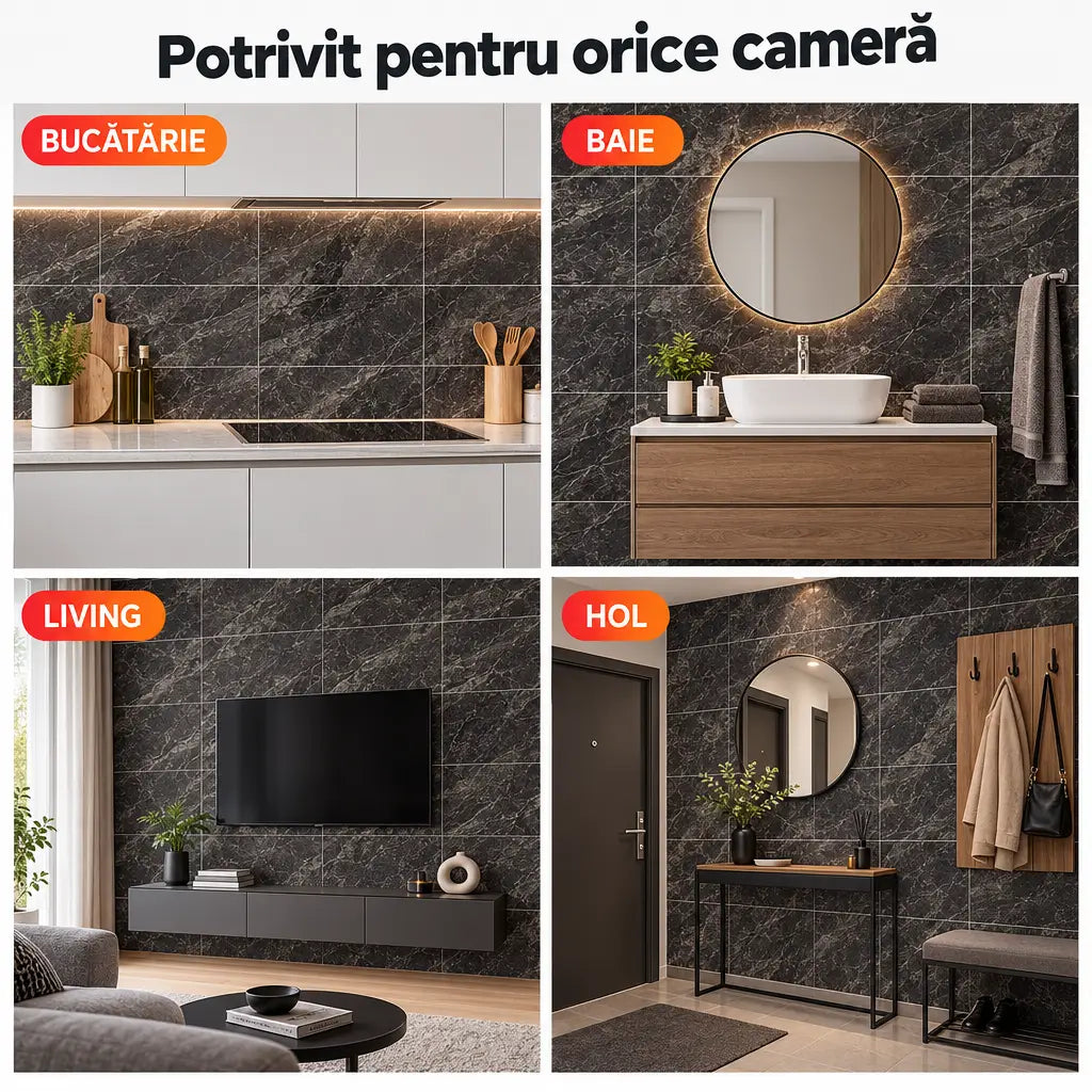 Plăci PVC imitație marmură potrivite pentru bucătărie, baie, living și hol