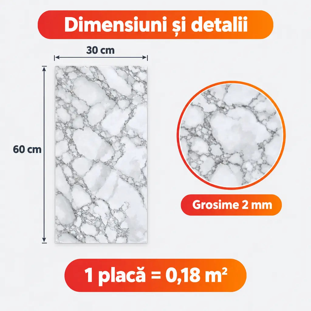 Dimensiuni placă PVC PD907: 30x60 cm, grosime 2 mm, 0,18 m²