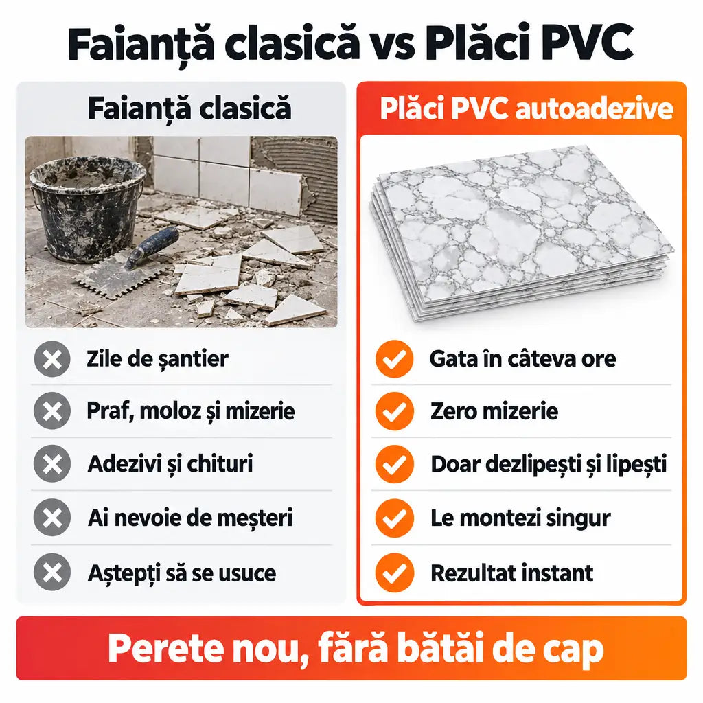 Faianță clasică vs plăci PVC autoadezive