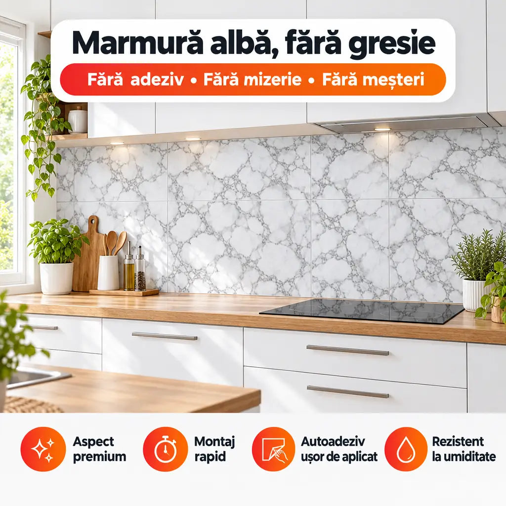 Plăci PVC autoadezive imitație marmură PD907 în bucătărie – Marmură albă, fără gresie