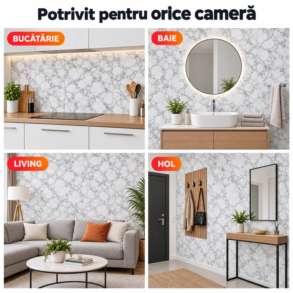 Plăci PVC imitație marmură potrivite pentru bucătărie, baie, living și hol