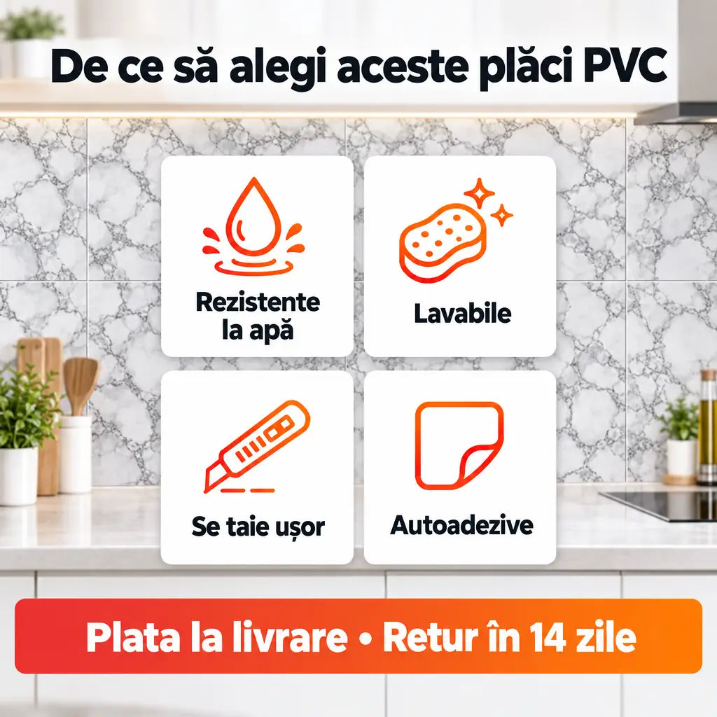 Avantaje plăci PVC: rezistente la apă, lavabile, se taie ușor, autoadezive
