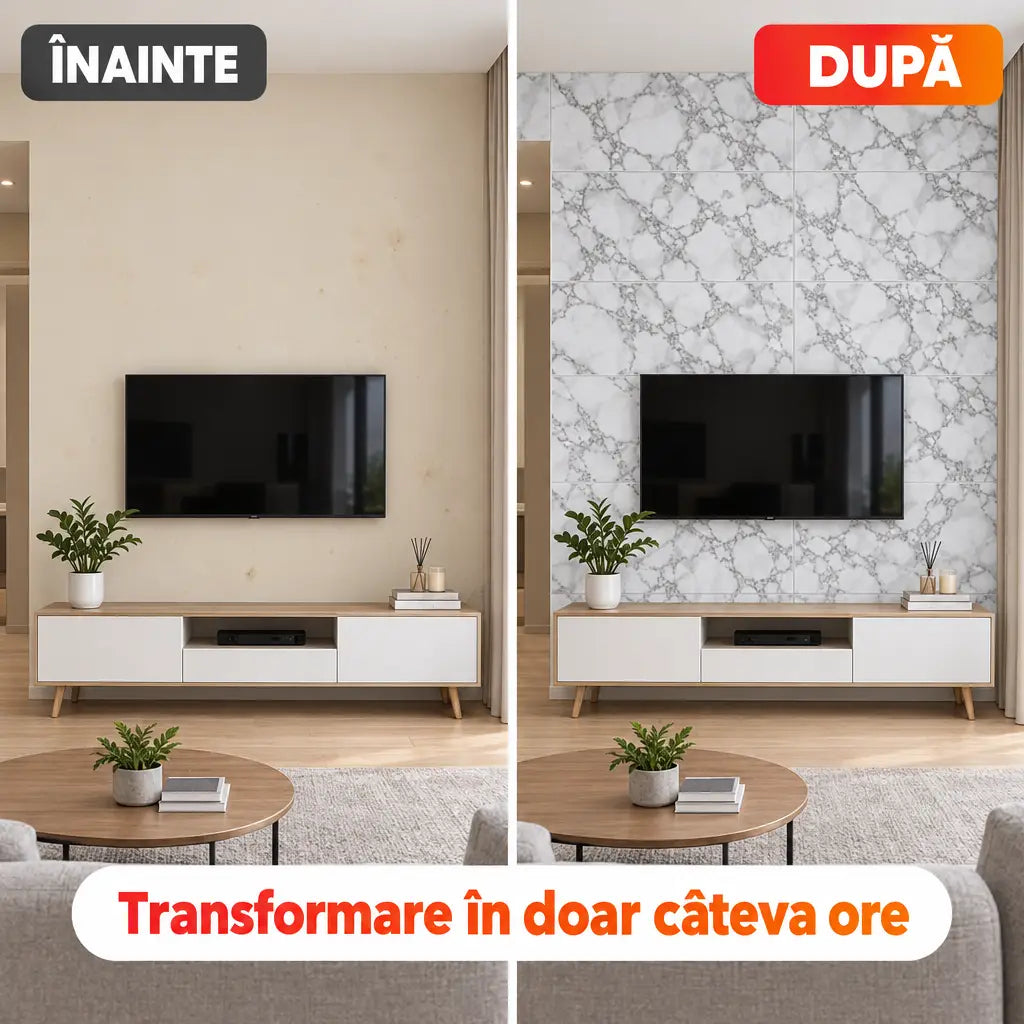Înainte și după montajul plăcilor PVC imitație marmură PD907