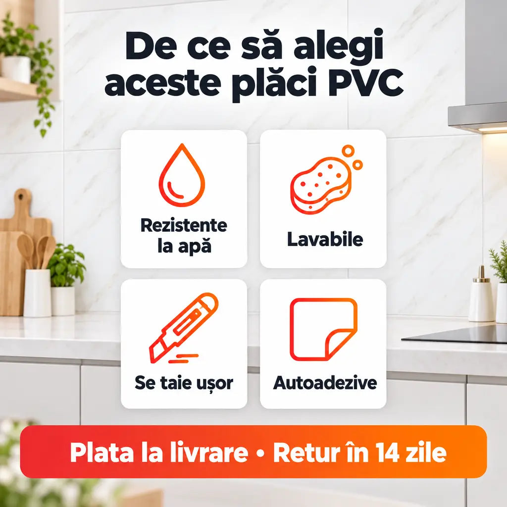 Avantaje plăci PVC: rezistente la apă, lavabile, se taie ușor, autoadezive
