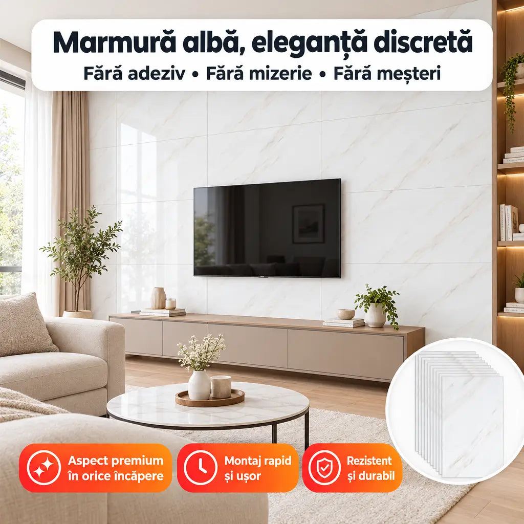 Plăci PVC autoadezive imitație marmură P8801 în living – Marmură albă, eleganță discretă
