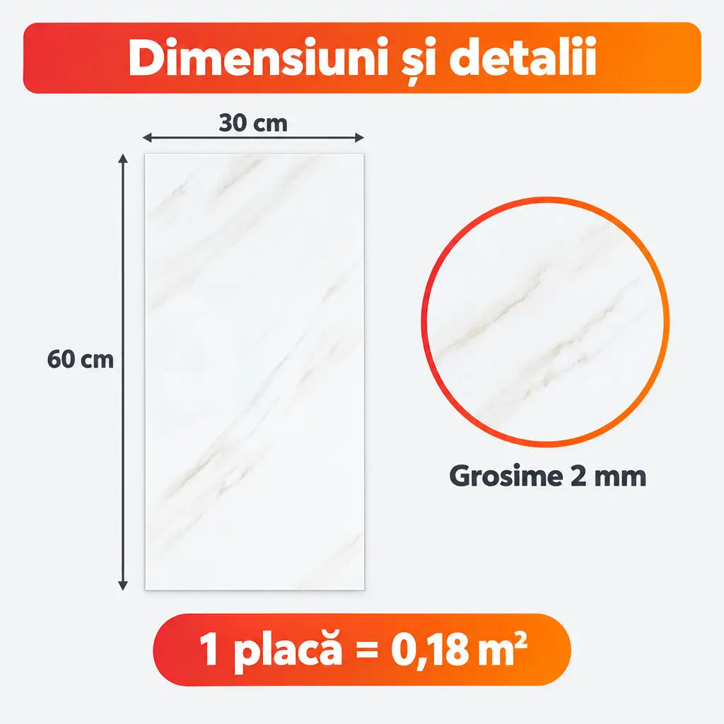 Dimensiuni placă PVC P8801: 30x60 cm, grosime 2 mm, 0,18 m²
