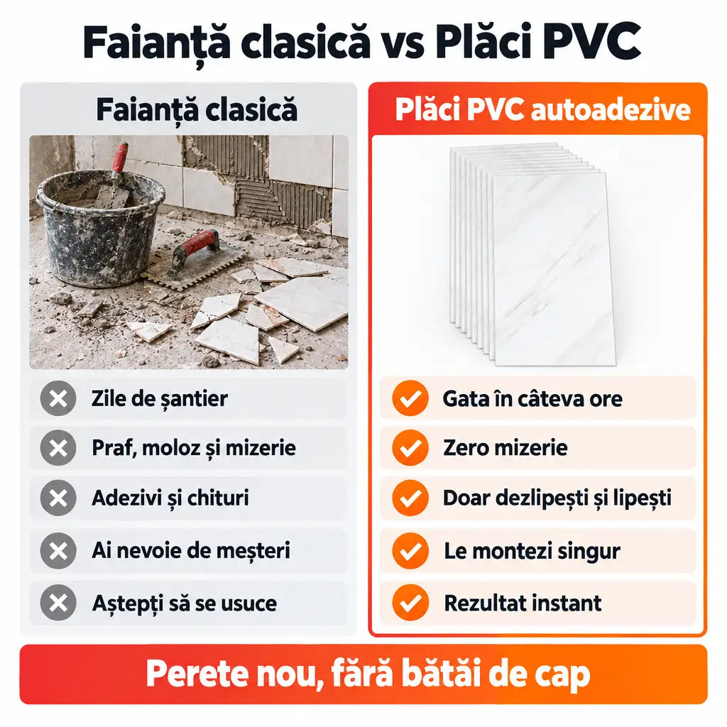 Faianță clasică vs plăci PVC autoadezive