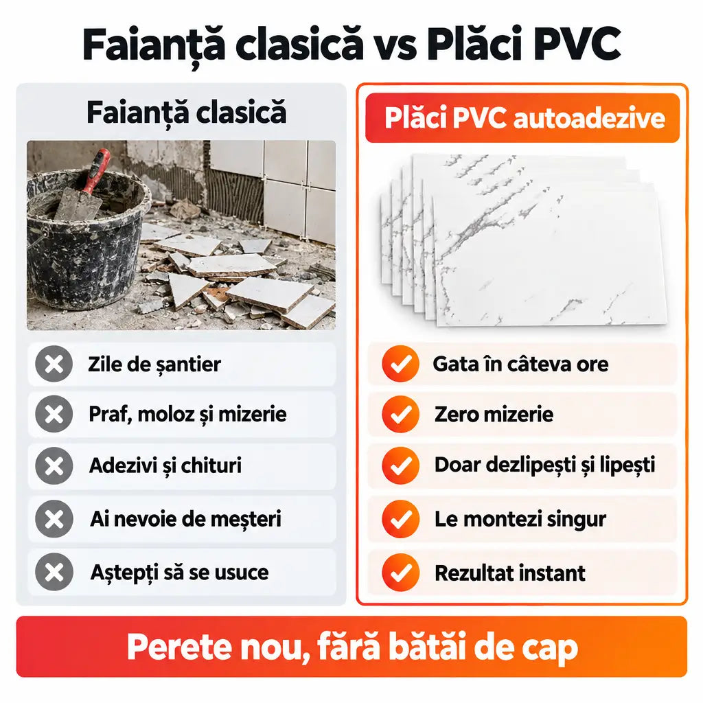 Faianță clasică vs plăci PVC autoadezive