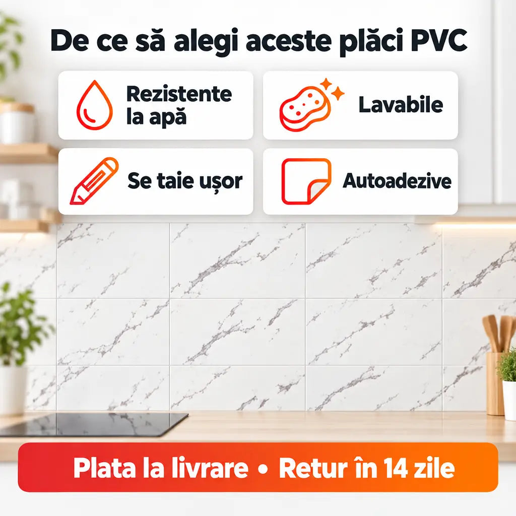 Avantaje plăci PVC: rezistente la apă, lavabile, se taie ușor, autoadezive