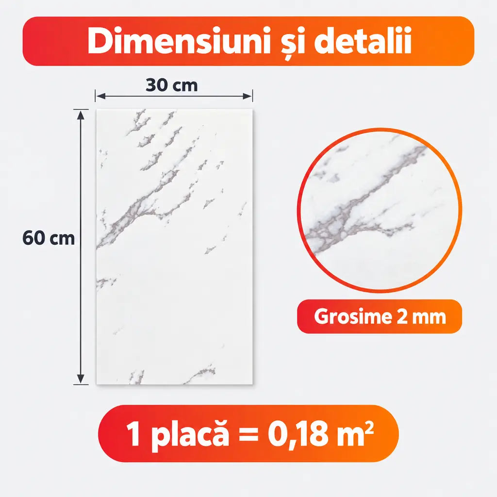 Dimensiuni placă PVC PD909: 30x60 cm, grosime 2 mm, 0,18 m²