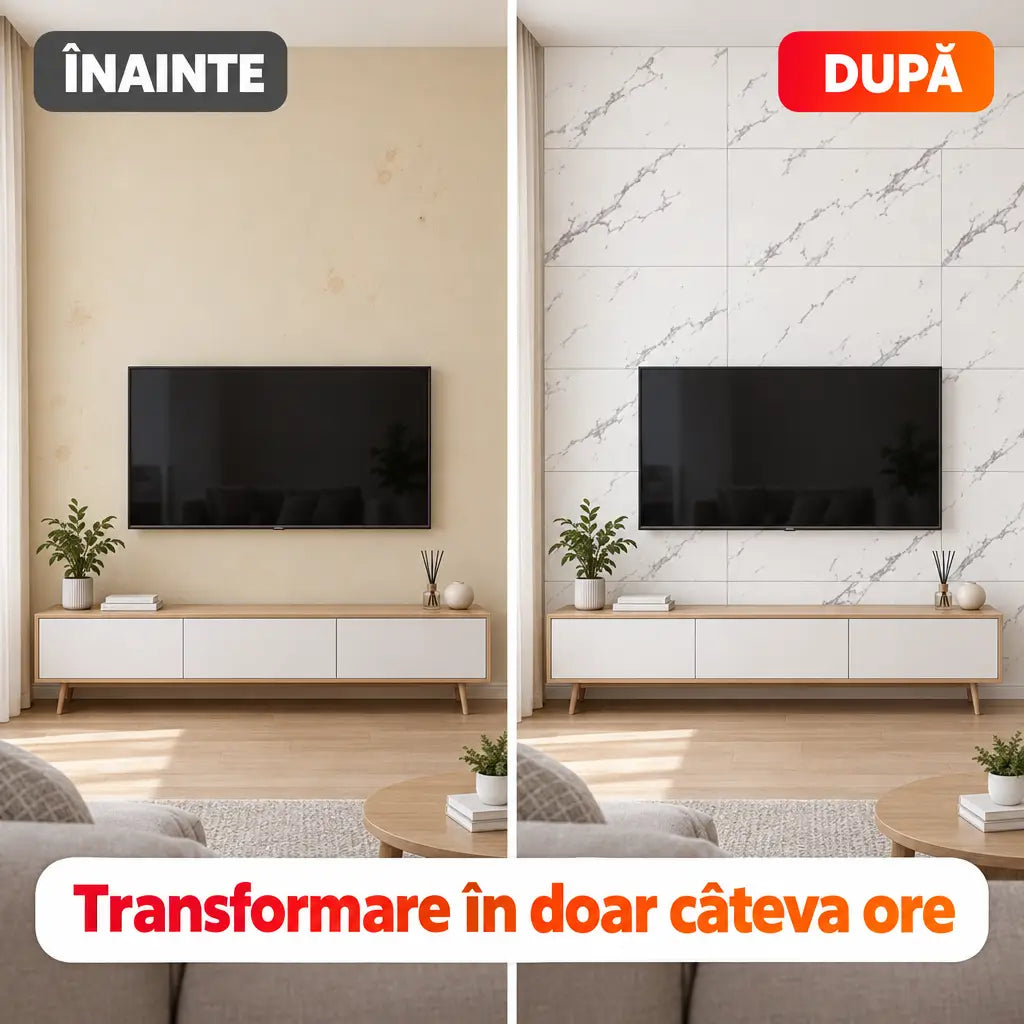 Înainte și după montajul plăcilor PVC imitație marmură PD909
