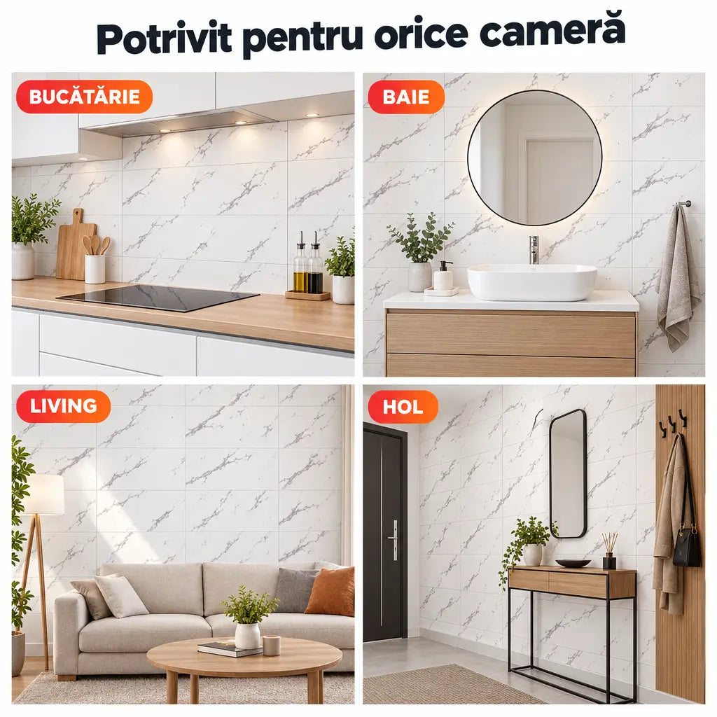 Plăci PVC imitație marmură potrivite pentru bucătărie, baie, living și hol
