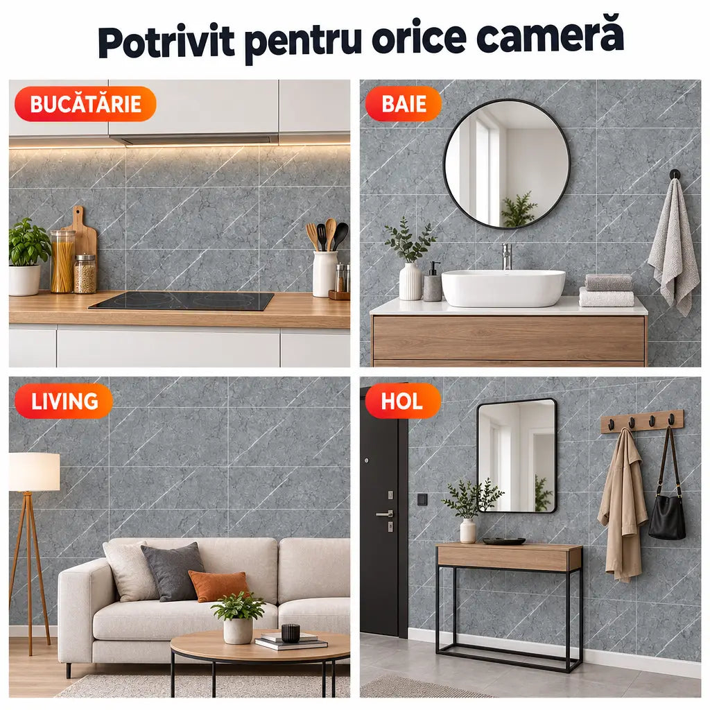 Plăci PVC imitație marmură potrivite pentru bucătărie, baie, living și hol