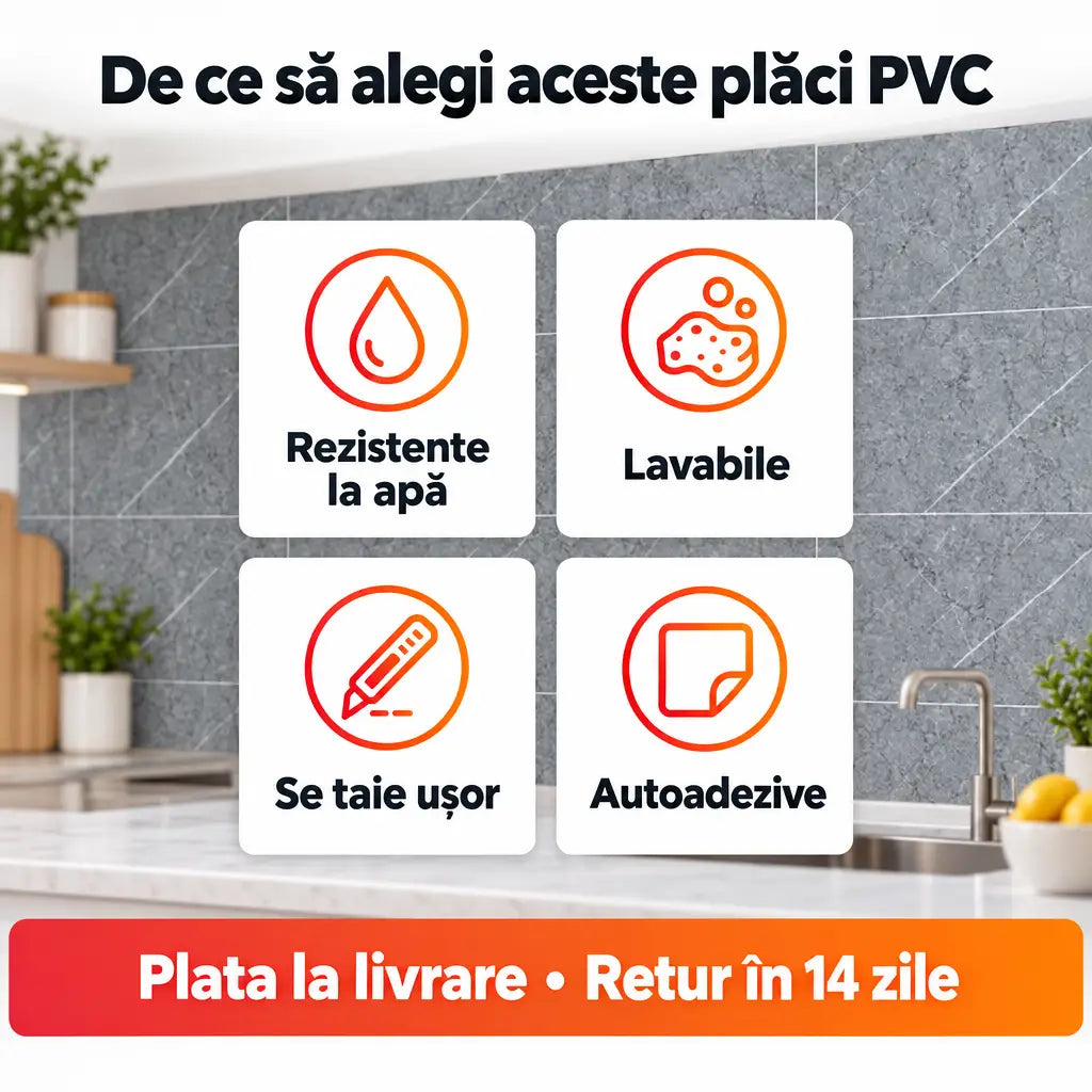 Avantaje plăci PVC: rezistente la apă, lavabile, se taie ușor, autoadezive