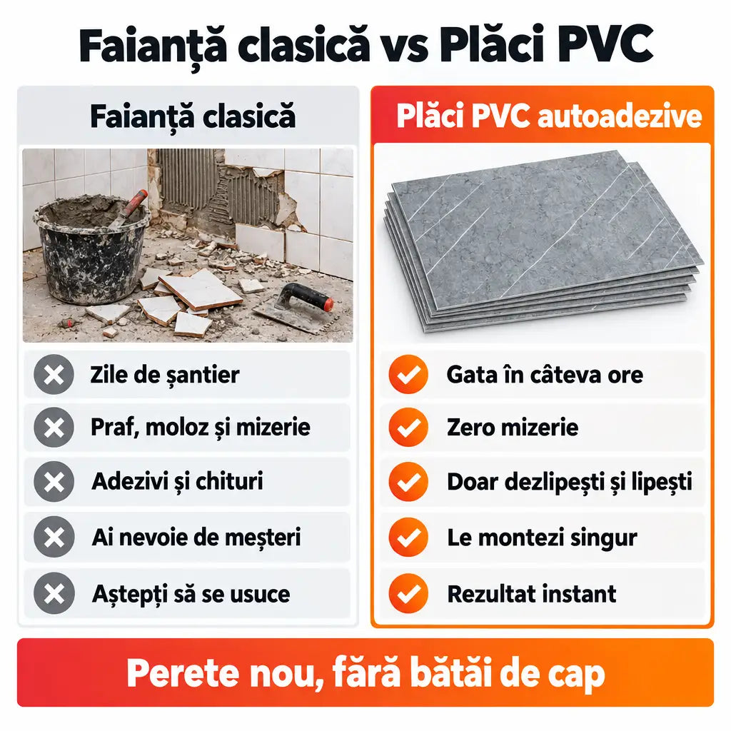 Faianță clasică vs plăci PVC autoadezive