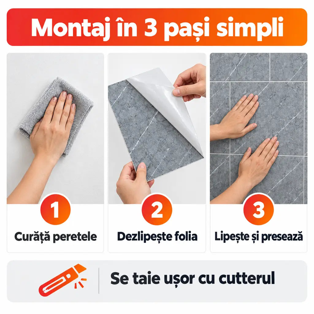 Montaj plăci PVC autoadezive în 3 pași simpli