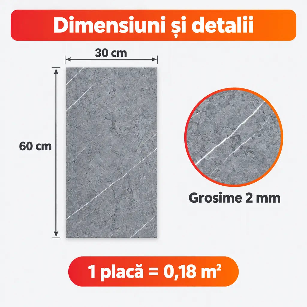 Dimensiuni placă PVC PD901: 30x60 cm, grosime 2 mm, 0,18 m²