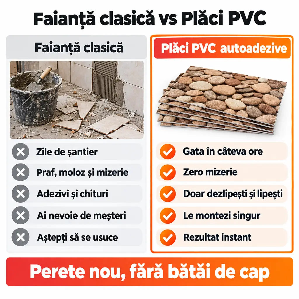 Faianță clasică vs plăci PVC autoadezive