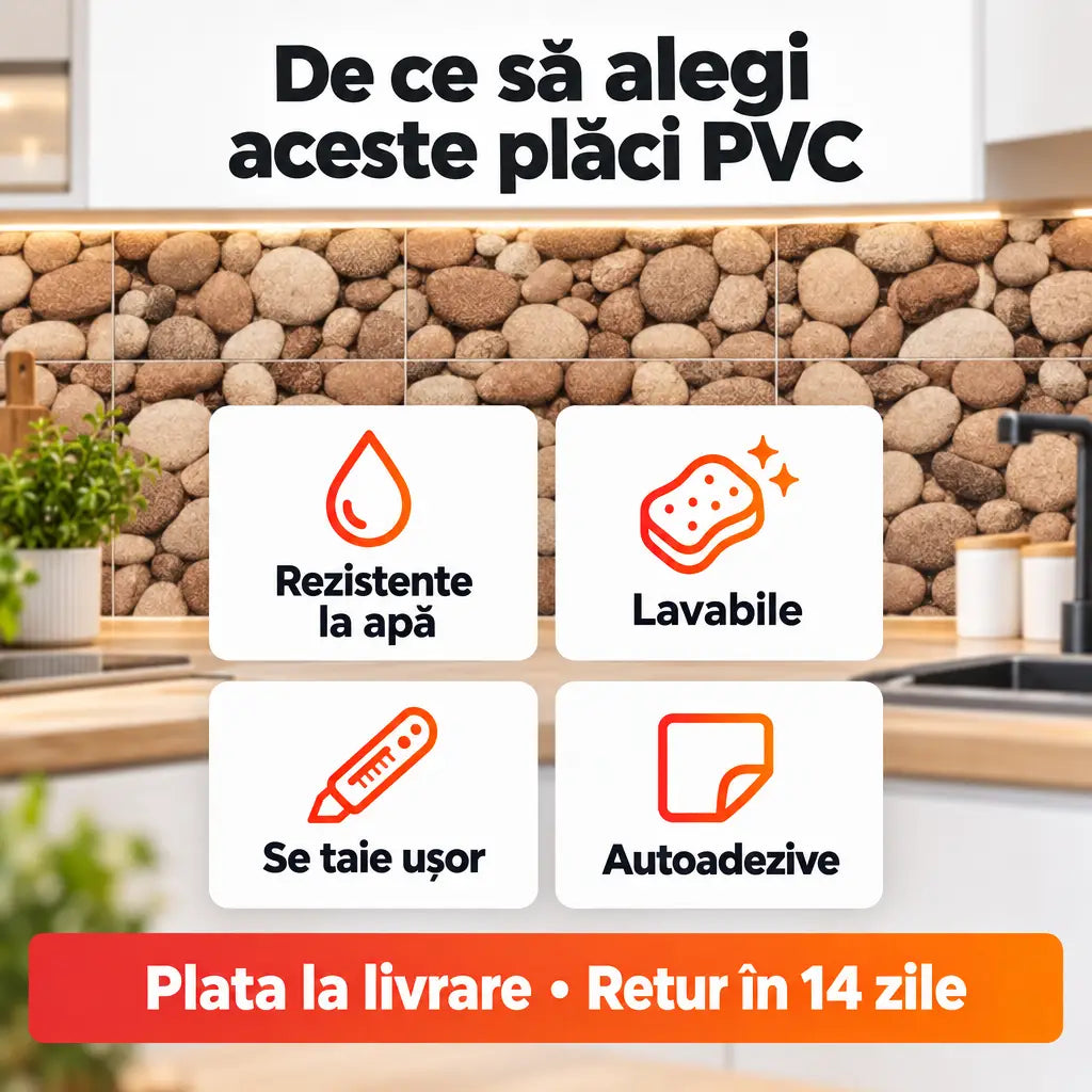 Avantaje plăci PVC: rezistente la apă, lavabile, se taie ușor, autoadezive