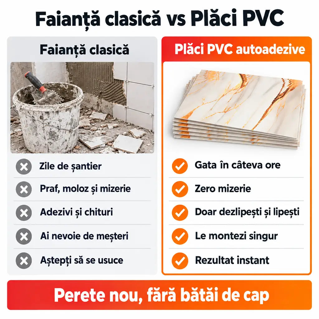 Faianță clasică vs plăci PVC autoadezive