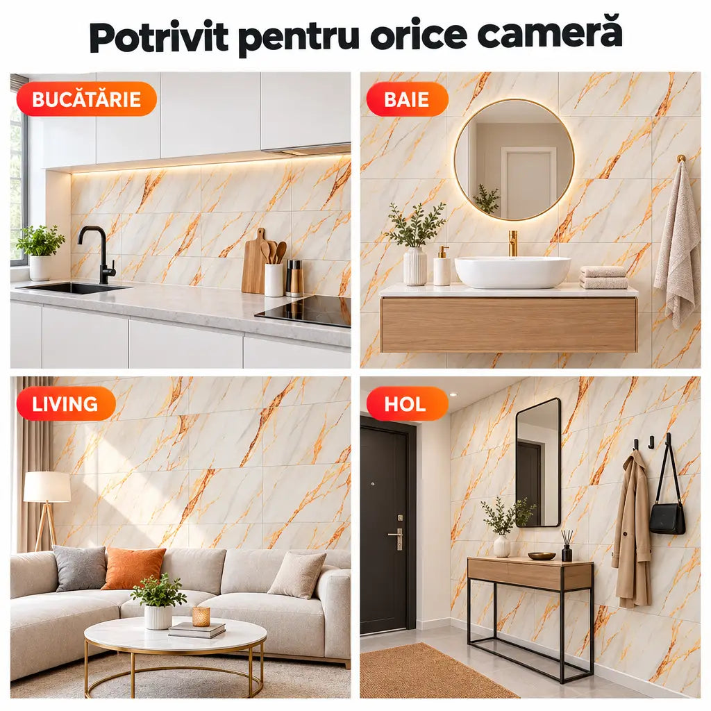 Plăci PVC imitație marmură potrivite pentru bucătărie, baie, living și hol