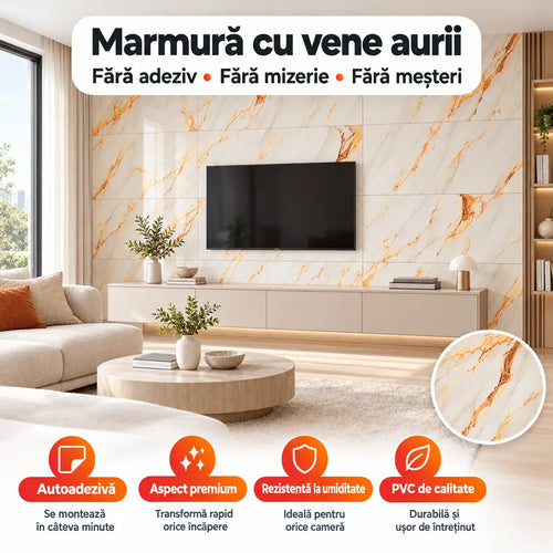 Plăci PVC autoadezive imitație marmură 250-9 în living – Marmură cu vene aurii