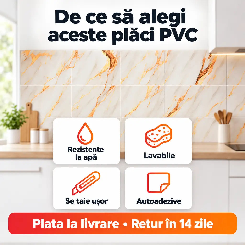 Avantaje plăci PVC: rezistente la apă, lavabile, se taie ușor, autoadezive