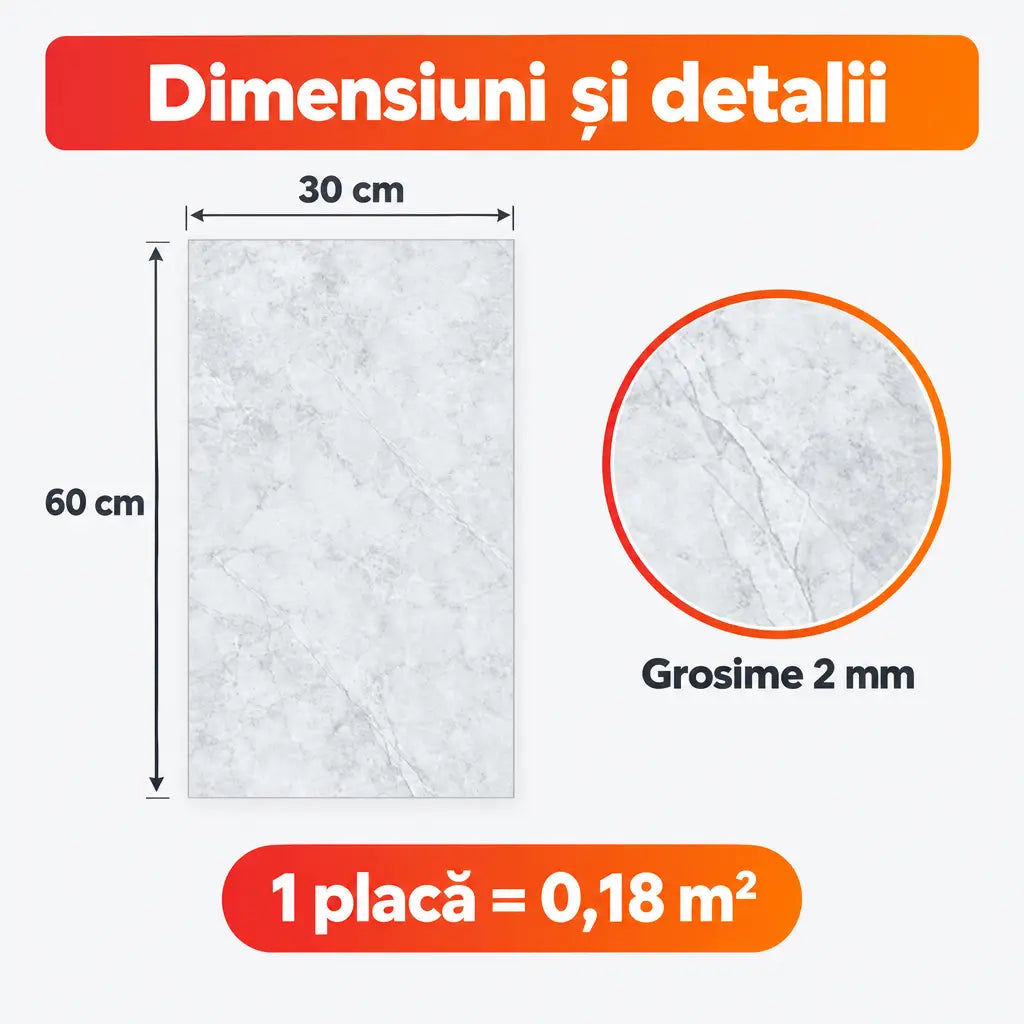 Dimensiuni placă PVC PD902: 30x60 cm, grosime 2 mm, 0,18 m²