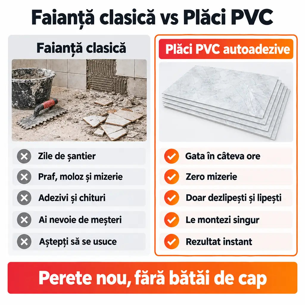 Faianță clasică vs plăci PVC autoadezive