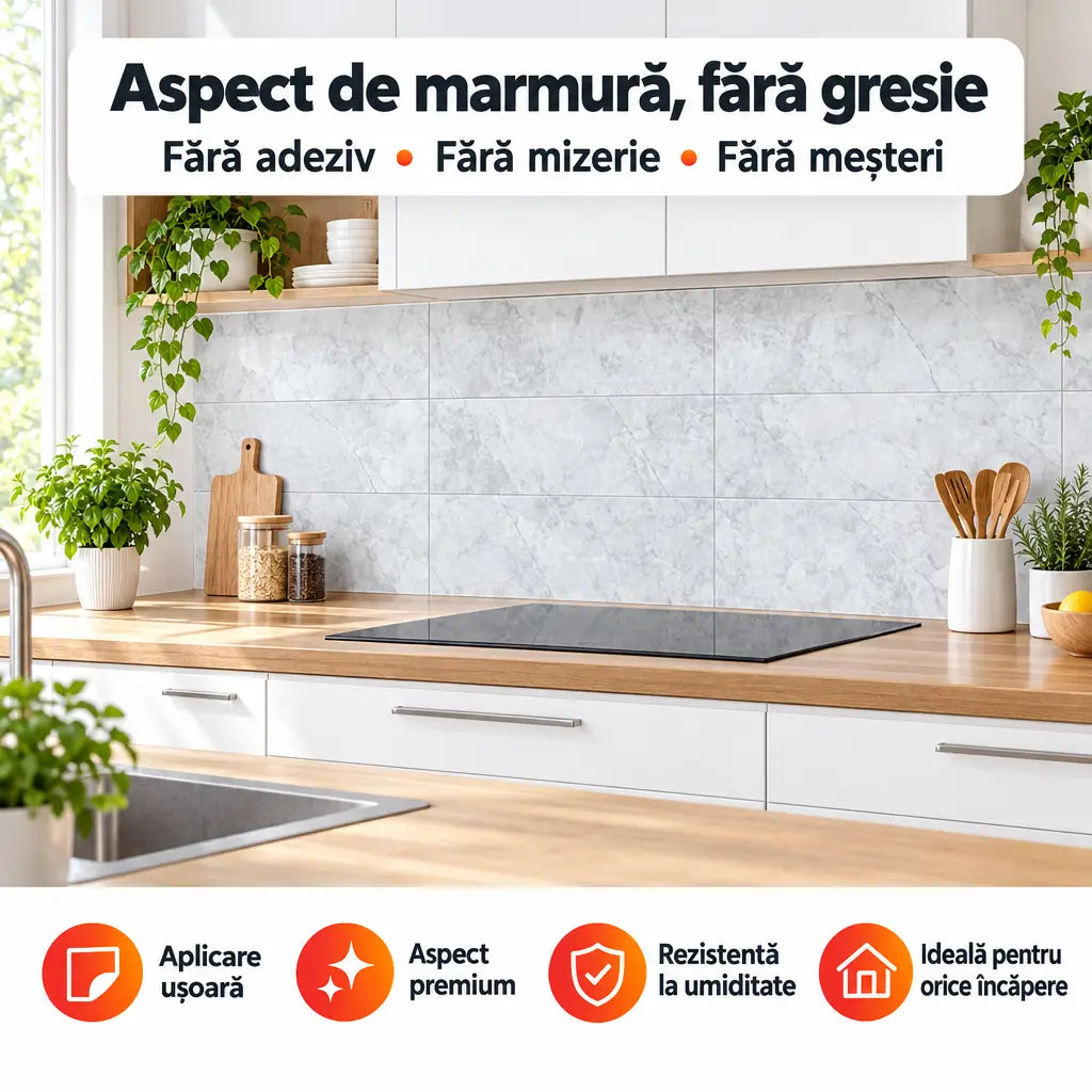 Plăci PVC autoadezive imitație marmură PD902 în bucătărie – Aspect de marmură, fără gresie